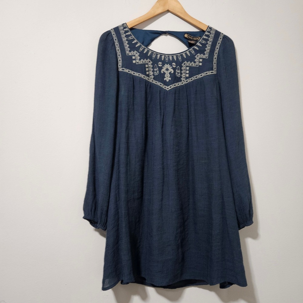 Flying Tomato‎ Navy Blue Embroidered Boho Mini Dress Long Sleeve Keyhole Back M